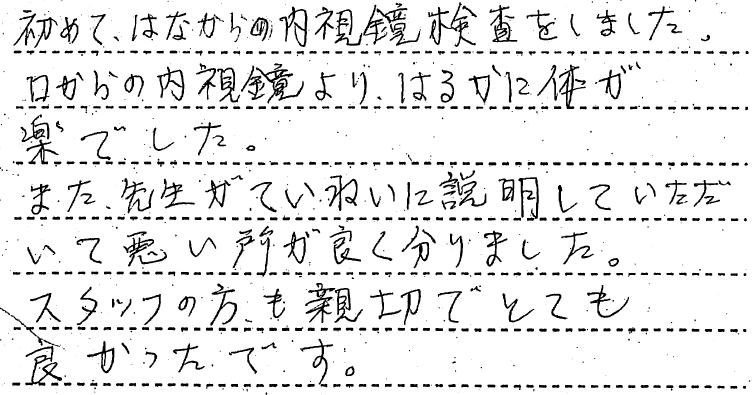 はなからの内視鏡検査をしました。口からの内視鏡より、はるかに体がらくでした。　また、先生がていねいに説明していただいて悪い所が良く分かりました。　スタッフの方も親切でとてもよかったです。