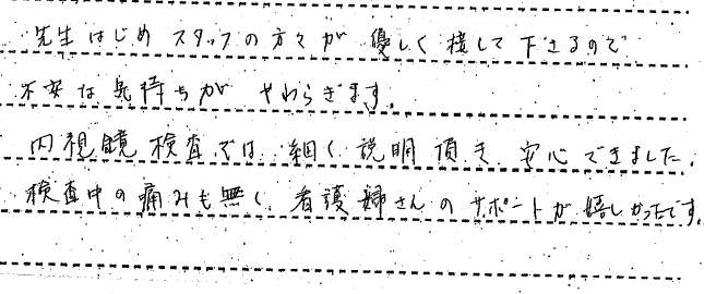 先生はじめ　スタッフの方々が優しく接して下さるので不安な気持ちが和らぎます。　内視鏡検査では、細かく説明頂き、安心できました。検査中の痛みもなく、看護婦さんのサポートがうれしかったです。