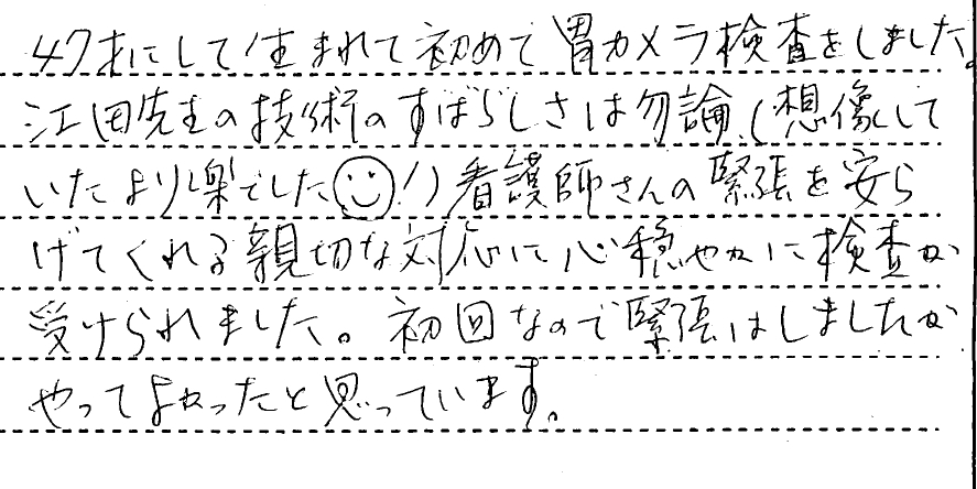 ４７歳にして生まれて初めて胃カメラ検査をしました。江田先生の技術のすばらしさは勿論（想像していたより楽でした＾＾！）看護師さんの緊張を安らげてくれる親切な対応に心穏やか検査が受けられました、初回なので緊張はしましたがやってよかったと思っております。<BR>